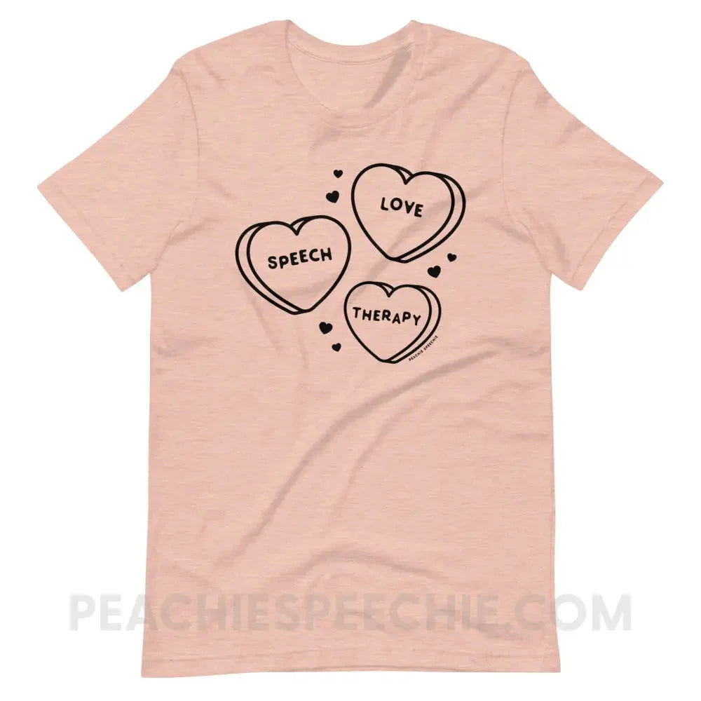 Love Speech Therapy Candy Hearts Premium Soft Tee - Heather Prism Peach / XS - peachiespeechie.com