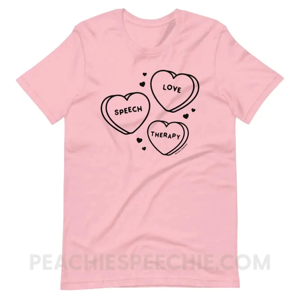 Love Speech Therapy Candy Hearts Premium Soft Tee - Pink / S - peachiespeechie.com