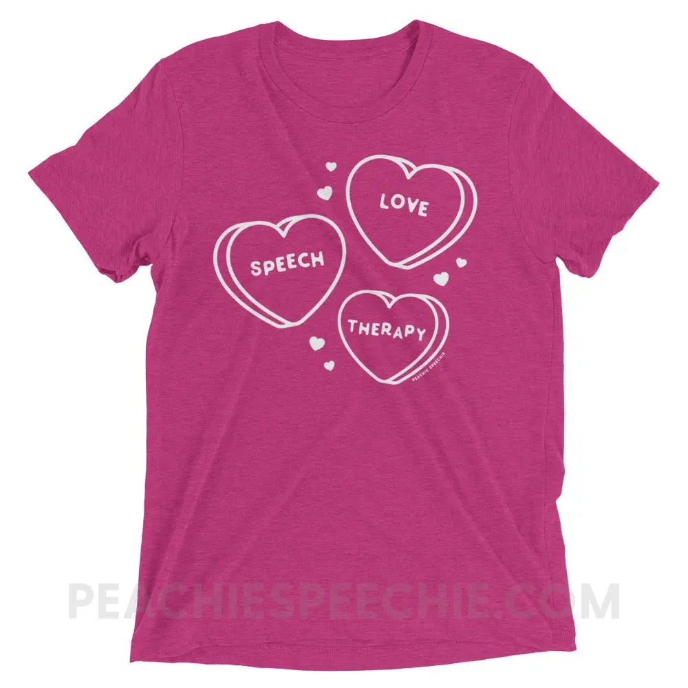 Love Speech Therapy Candy Hearts Tri-Blend Tee - Berry Triblend / XS - peachiespeechie.com