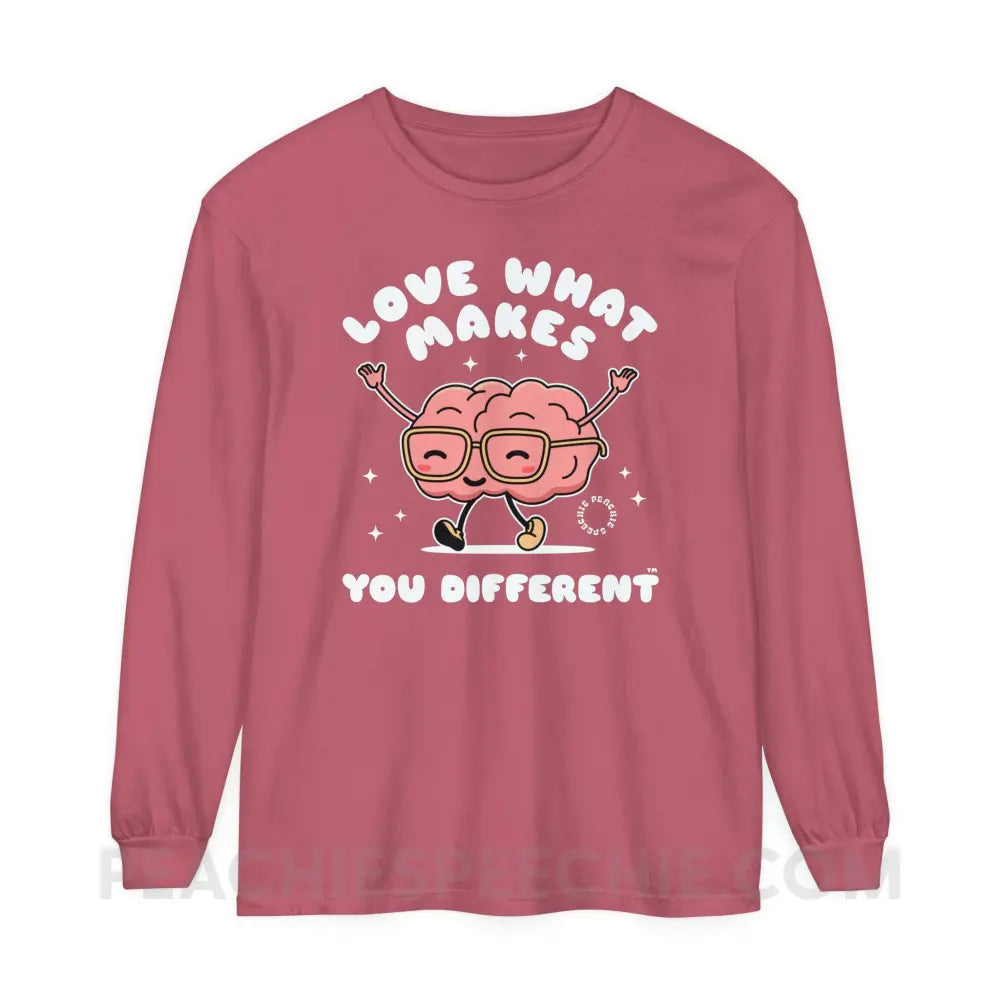 Love What Makes You Different™ Brain Character Comfort Colors Long Sleeve - Crimson / S - Long-sleeve peachiespeechie.com