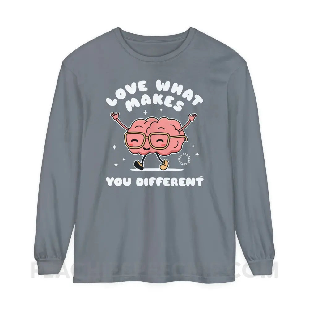 Love What Makes You Different™ Brain Character Comfort Colors Long Sleeve - Granite / S - Long-sleeve peachiespeechie.com