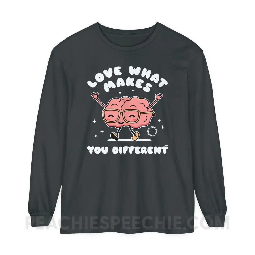 Love What Makes You Different™ Brain Character Comfort Colors Long Sleeve - Graphite / S - Long-sleeve peachiespeechie.com