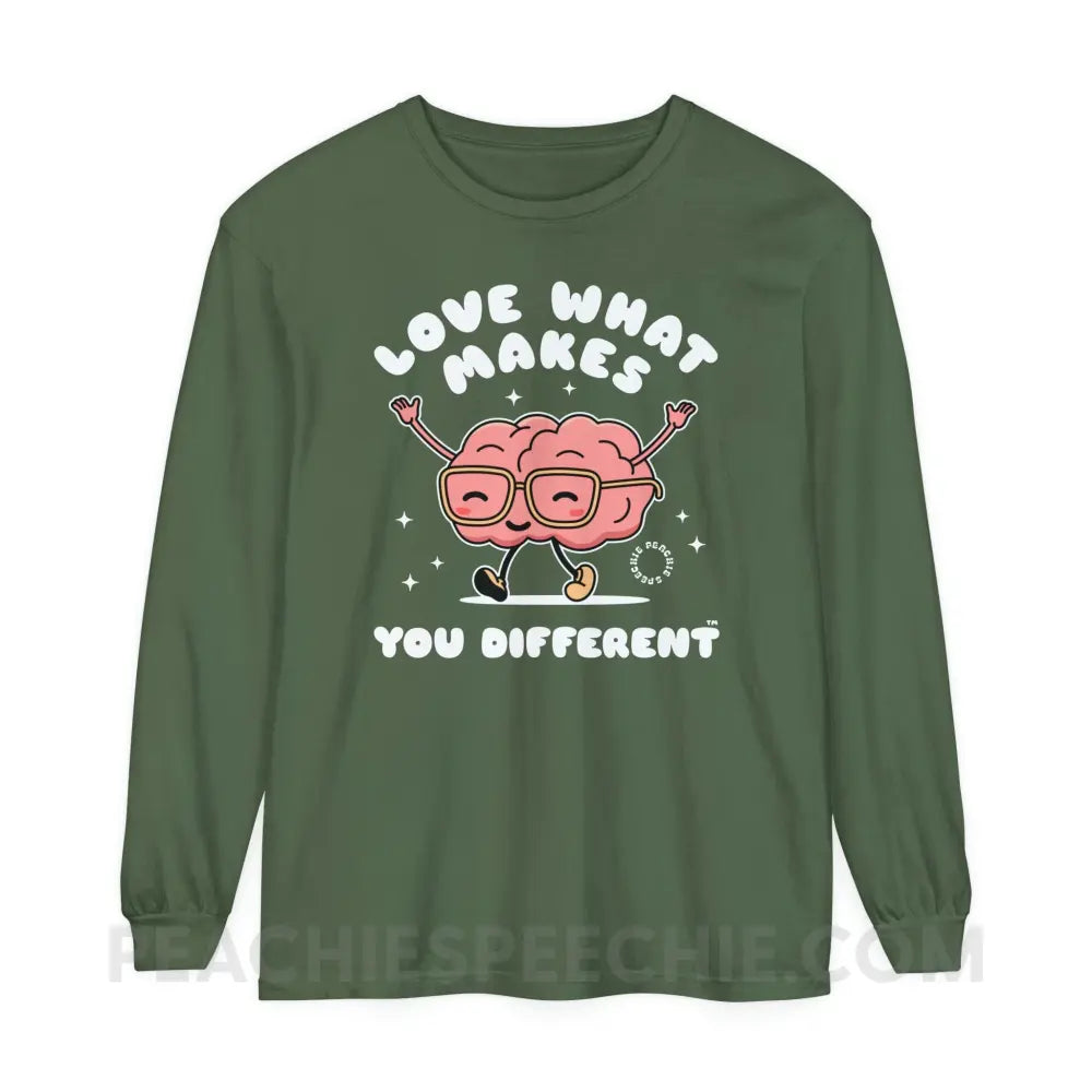 Love What Makes You Different™ Brain Character Comfort Colors Long Sleeve - Hemp / S - Long-sleeve peachiespeechie.com