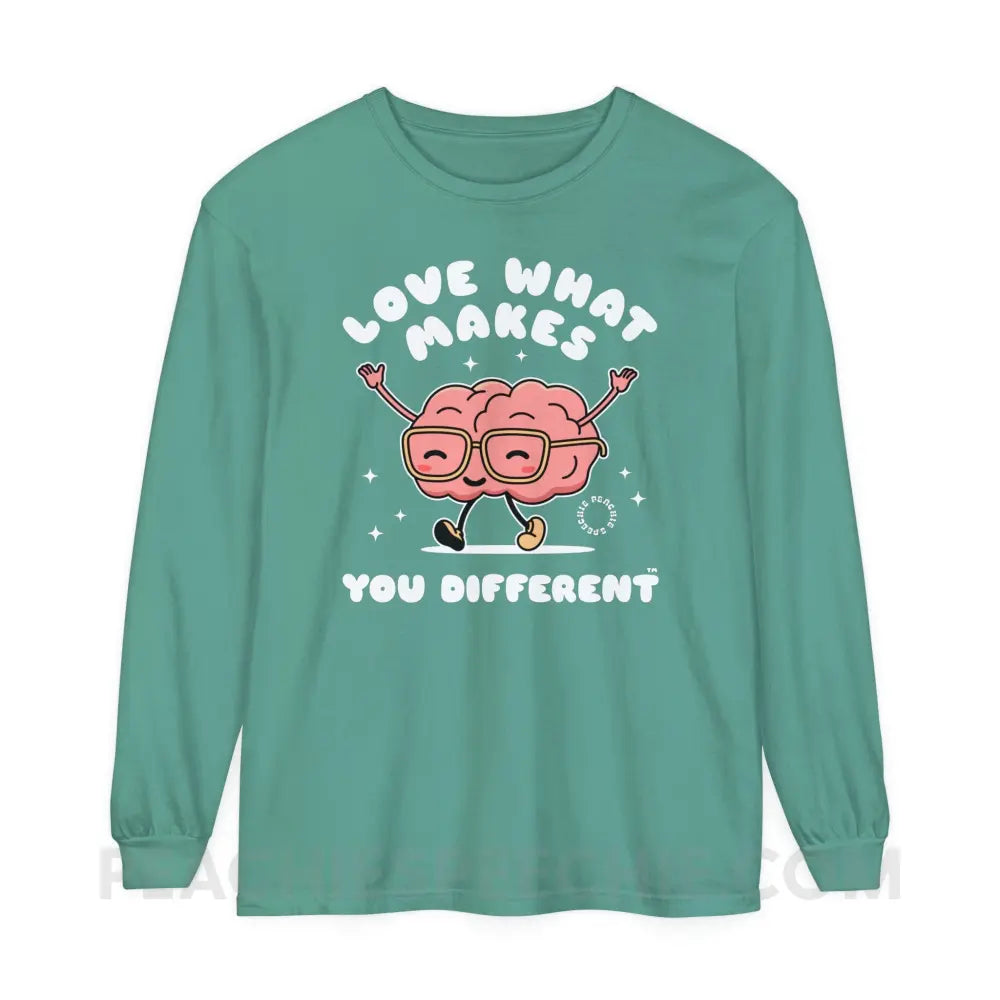 Love What Makes You Different™ Brain Character Comfort Colors Long Sleeve - Light Green / S - Long-sleeve peachiespeechie.com