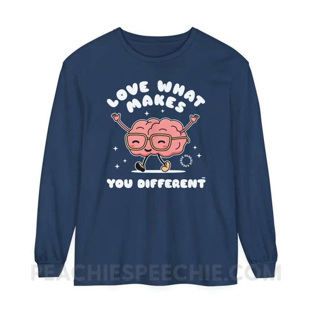 Love What Makes You Different™ Brain Character Comfort Colors Long Sleeve - Midnight / S - Long-sleeve peachiespeechie.com