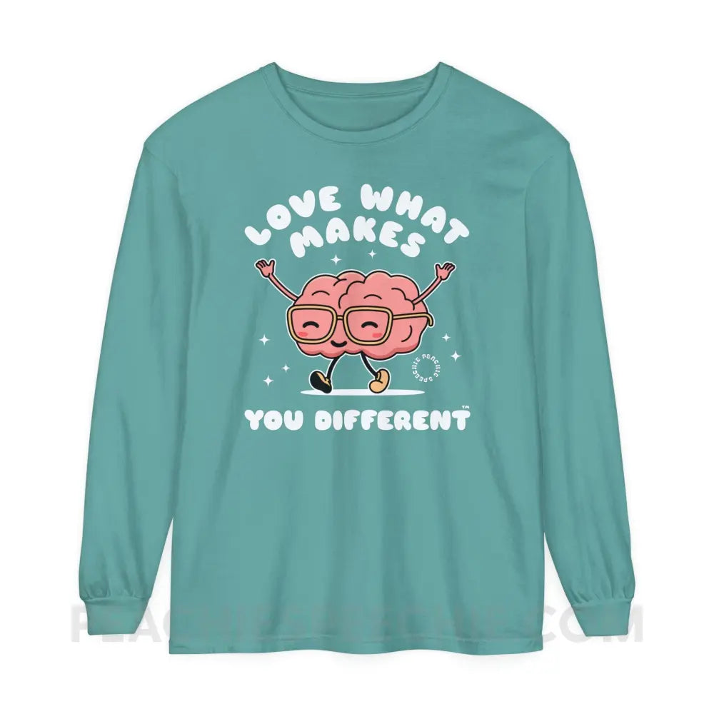 Love What Makes You Different™ Brain Character Comfort Colors Long Sleeve - Seafoam / S - Long-sleeve peachiespeechie.com