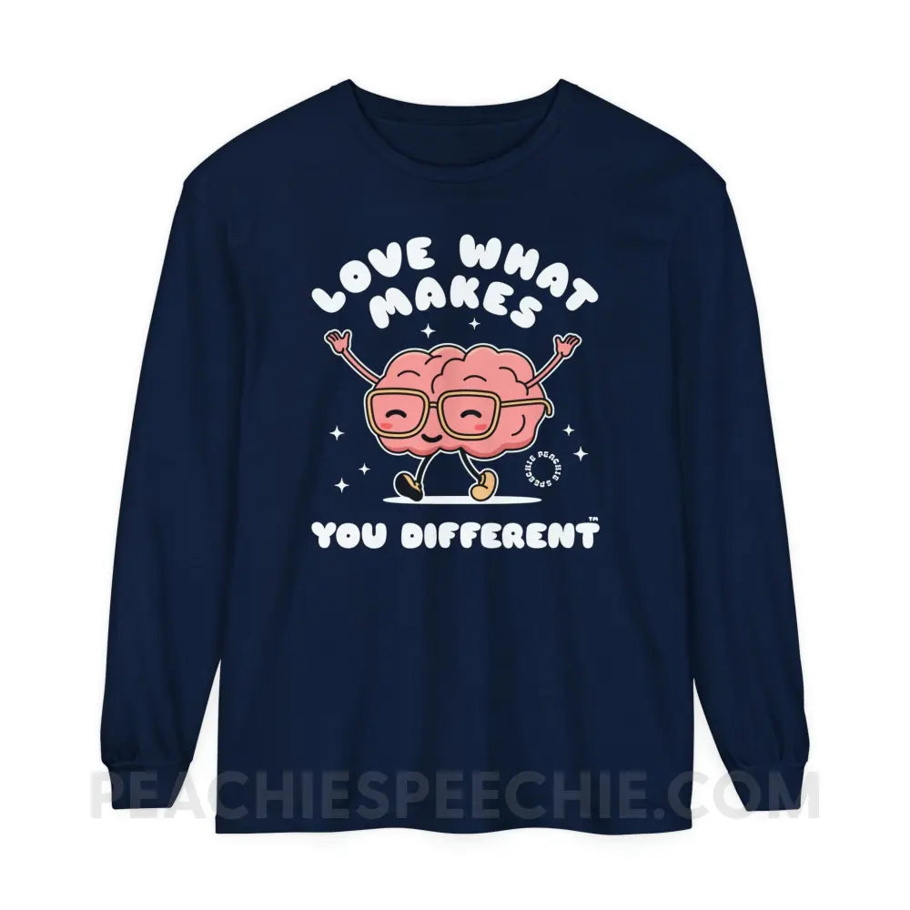 Love What Makes You Different™ Brain Character Comfort Colors Long Sleeve - True Navy / S - Long-sleeve peachiespeechie.com