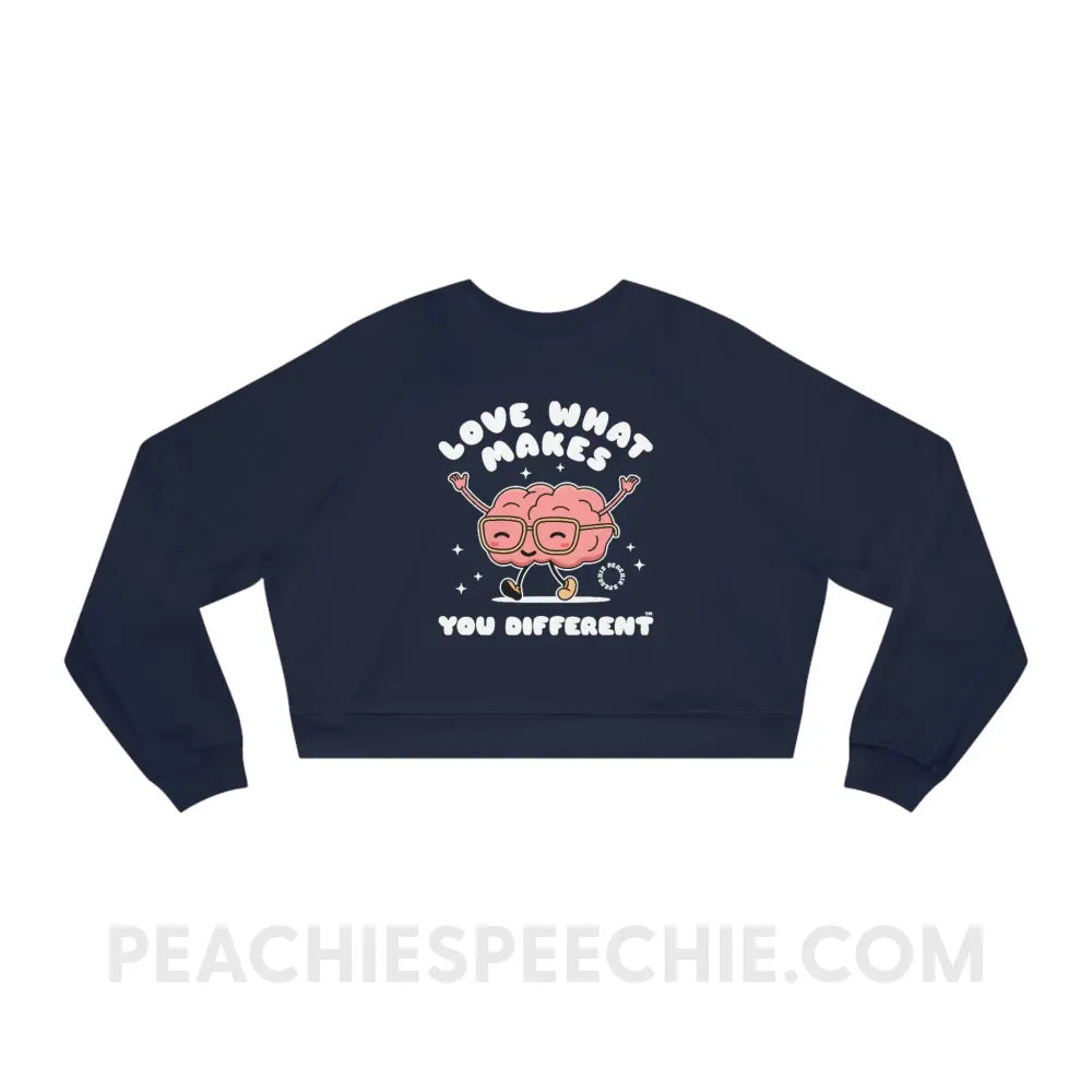 Love What Makes You Different™ Brain Character Premium Crop Crewneck - Navy / S - Sweatshirt peachiespeechie.com