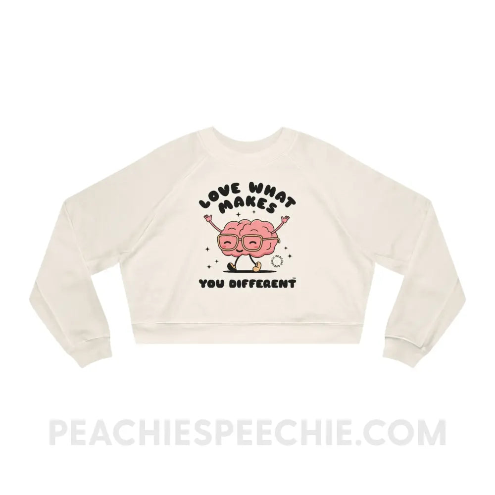 Love What Makes You Different™ Brain Character Premium Crop Crewneck - White / S - Sweatshirt peachiespeechie.com