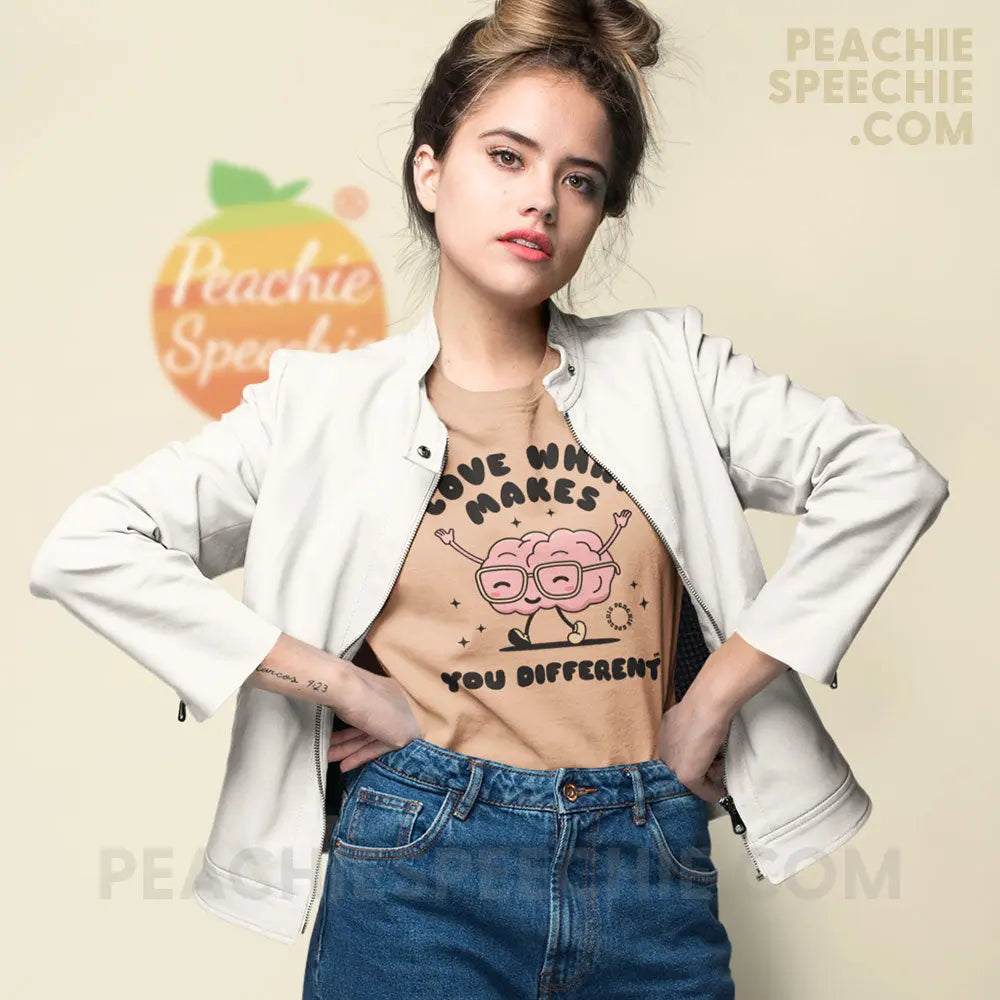 Love What Makes You Different™ Brain Character Premium Soft Tee - Heather Peach / S - T-Shirt peachiespeechie.com
