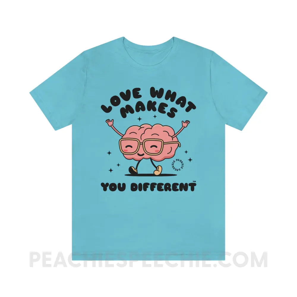 Love What Makes You Different™ Brain Character Premium Soft Tee - Turquoise / S - T-Shirt peachiespeechie.com