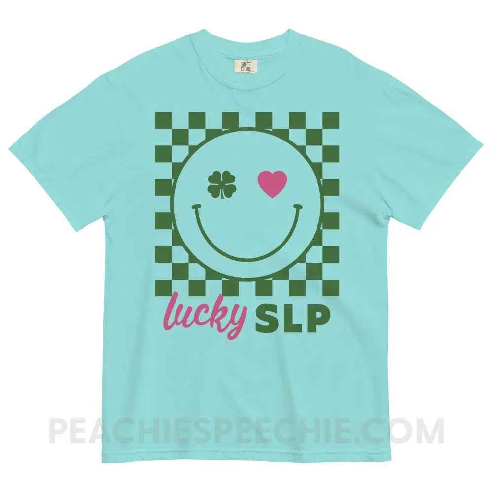 Lucky Charm Smile Comfort Colors Tee - Lagoon Blue / S - peachiespeechie.com