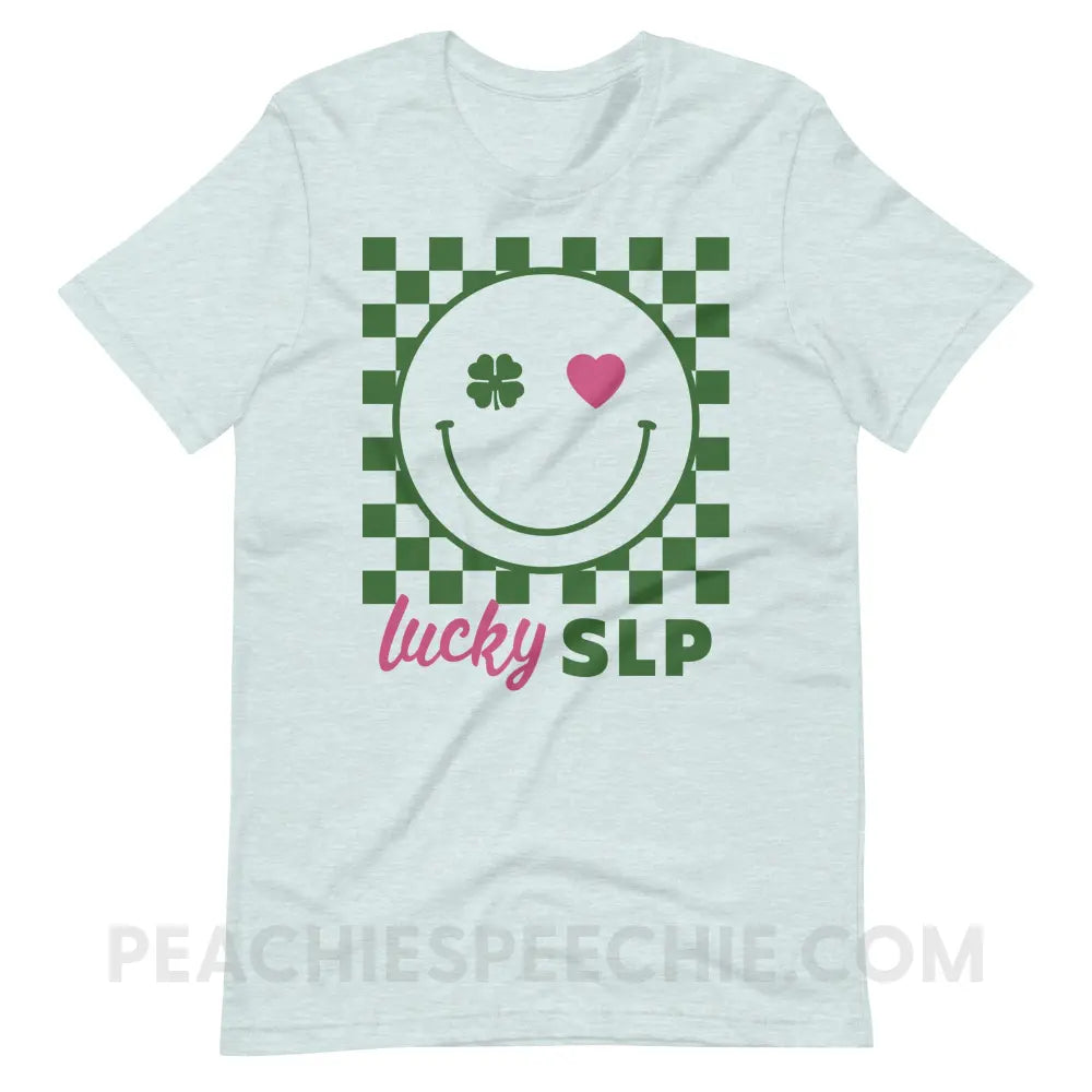 Lucky Charm Smile Premium Soft Tee - Heather Prism Ice Blue / S - peachiespeechie.com