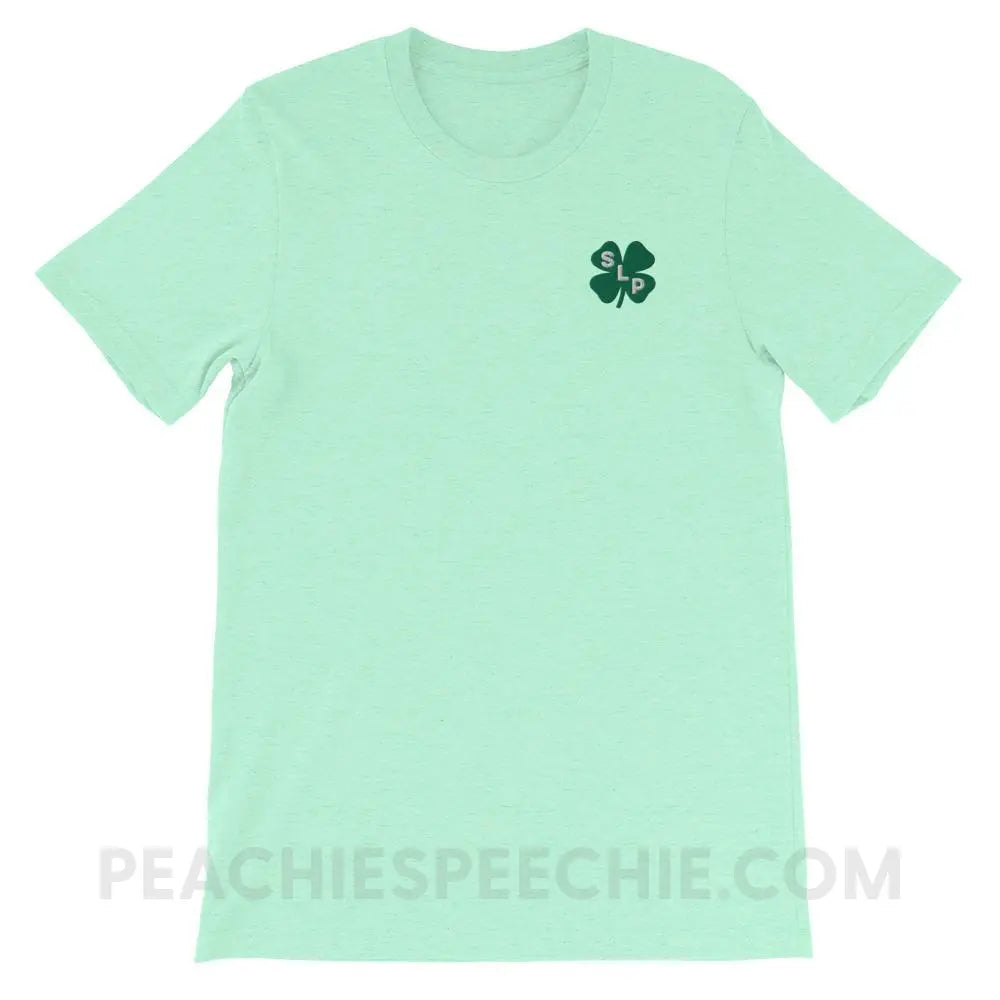Lucky SLP Clover Embroidered Premium Soft Tee - Heather Mint / S - T-Shirts & Tops peachiespeechie.com