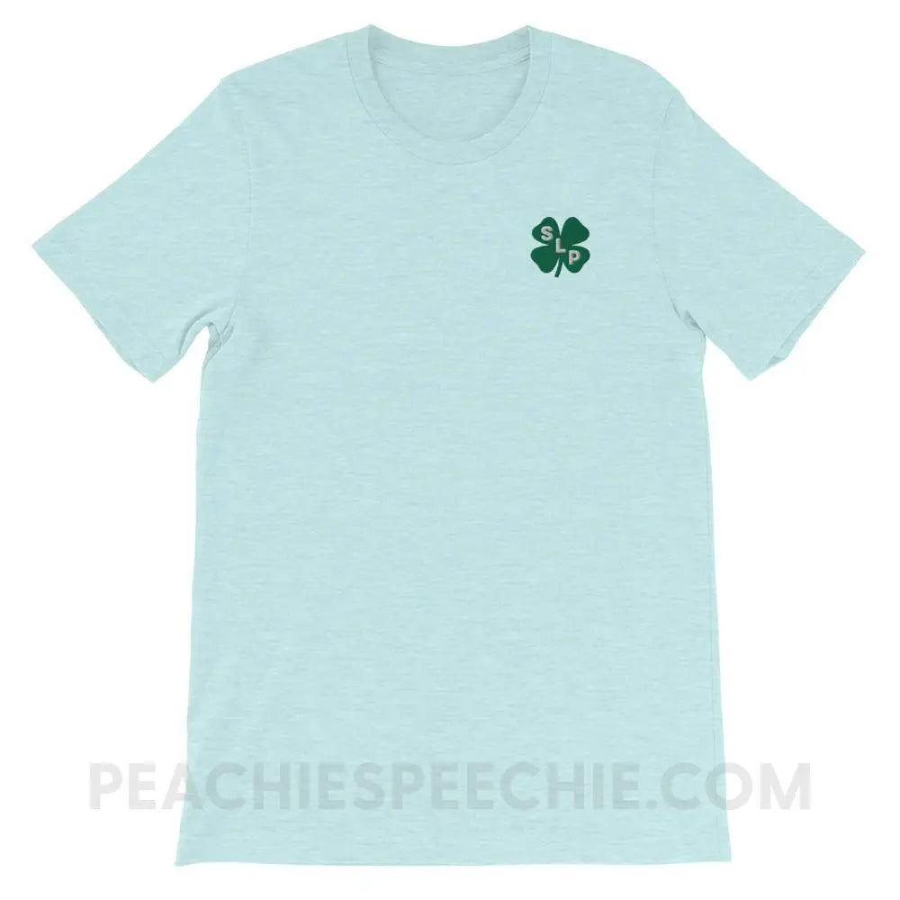 Lucky SLP Clover Embroidered Premium Soft Tee - Heather Prism Ice Blue / XS - T-Shirts & Tops peachiespeechie.com