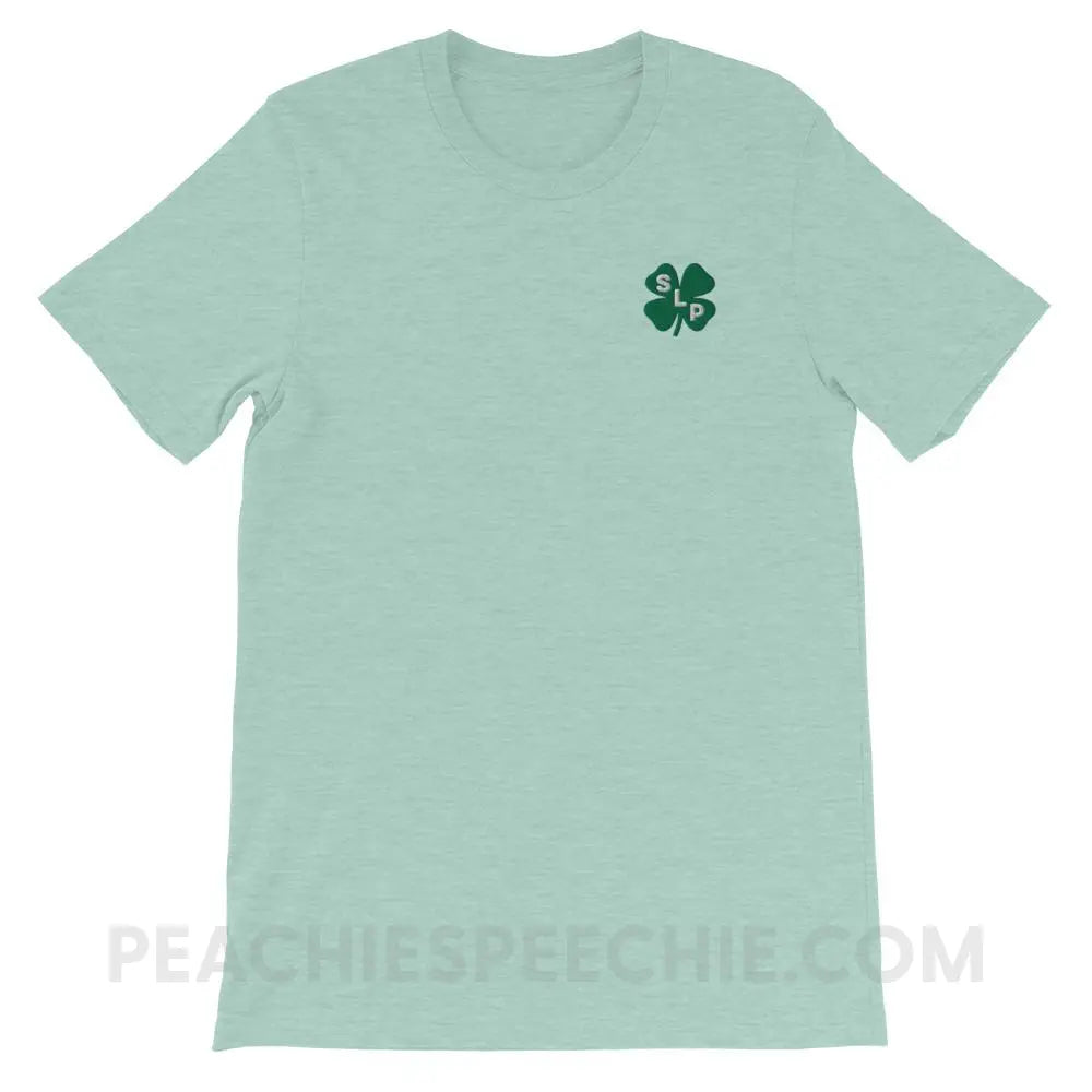Lucky SLP Clover Embroidered Premium Soft Tee - Heather Prism Dusty Blue / XS - T-Shirts & Tops peachiespeechie.com