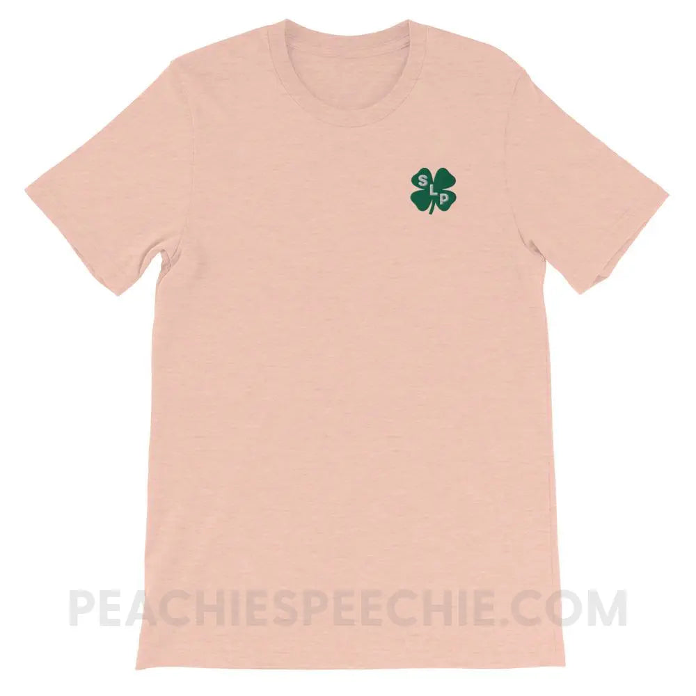 Lucky SLP Clover Embroidered Premium Soft Tee - Heather Prism Peach / XS - T-Shirts & Tops peachiespeechie.com