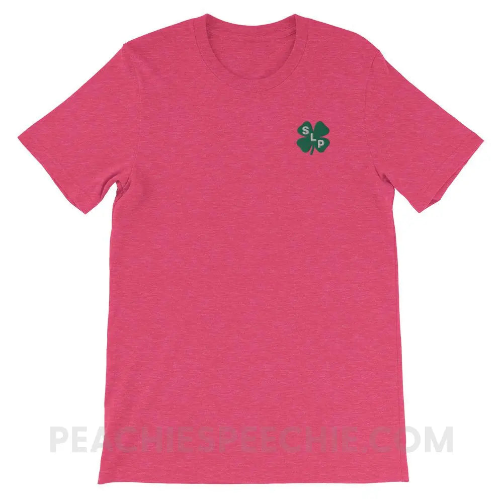 Lucky SLP Clover Embroidered Premium Soft Tee - Heather Raspberry / S - T-Shirts & Tops peachiespeechie.com