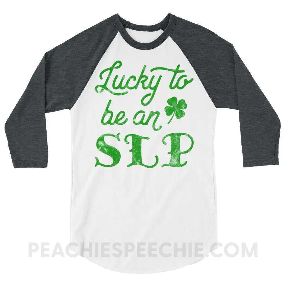 Lucky SLP Baseball Tee - White/Heather Charcoal / XS - T-Shirts & Tops peachiespeechie.com