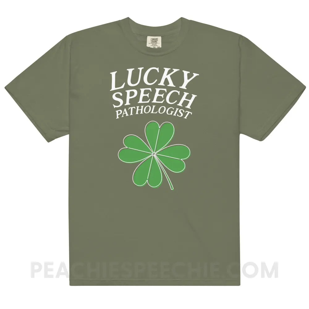 Lucky Speech Pathologist Comfort Colors Tee - Moss / S - peachiespeechie.com