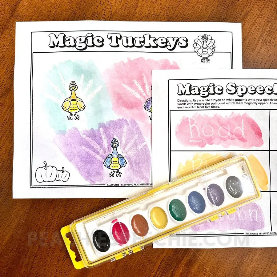 Magic Turkeys: White Crayon and Watercolors - Materials peachiespeechie.com
