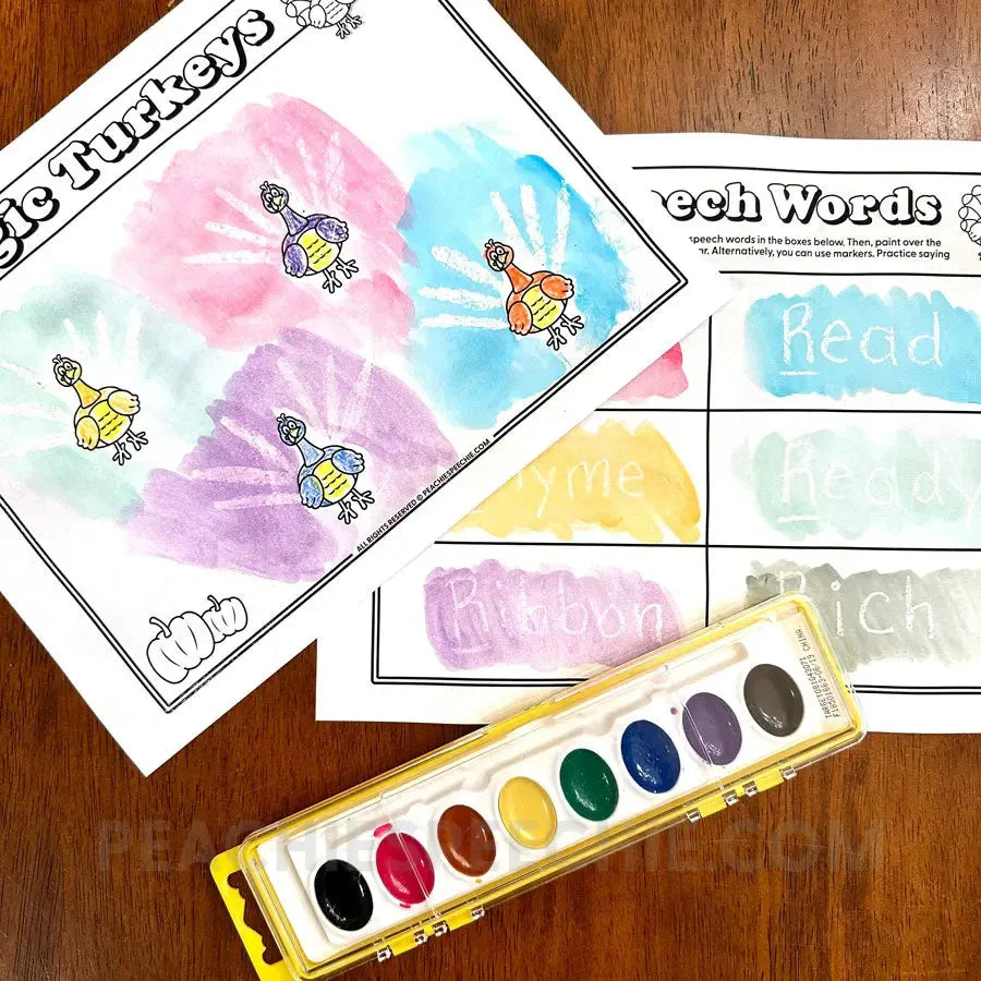 Magic Turkeys: White Crayon and Watercolors - Materials peachiespeechie.com