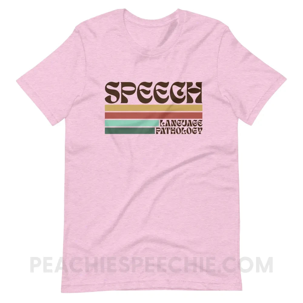 Mellow Stripes Speech Premium Soft Tee - Heather Prism Lilac / XS - peachiespeechie.com