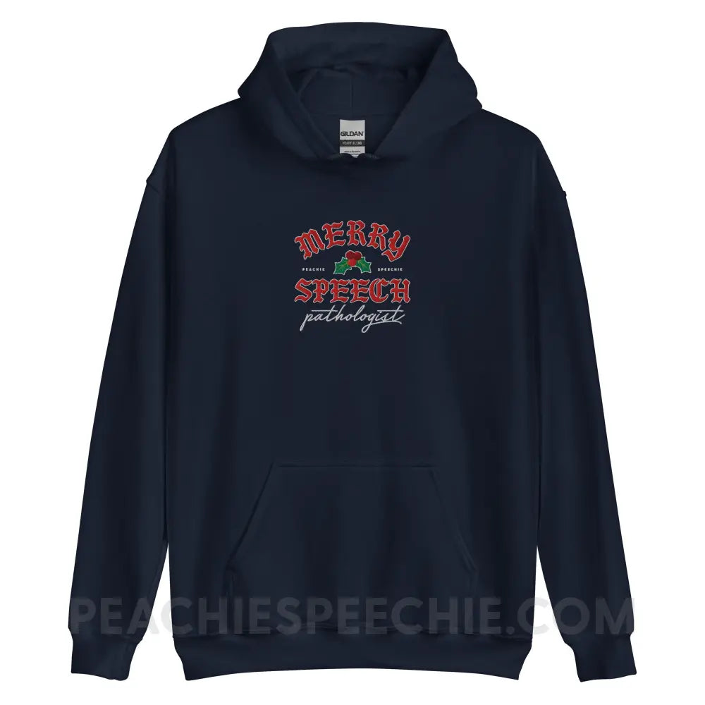 Merry Speech Pathologist Embroidered Classic Hoodie - Navy / S - peachiespeechie.com
