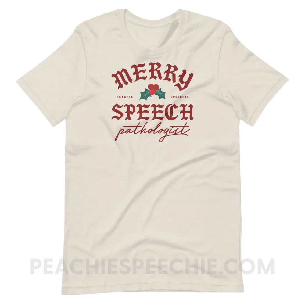 Merry Speech Pathologist Premium Soft Tee - Heather Dust / S - peachiespeechie.com