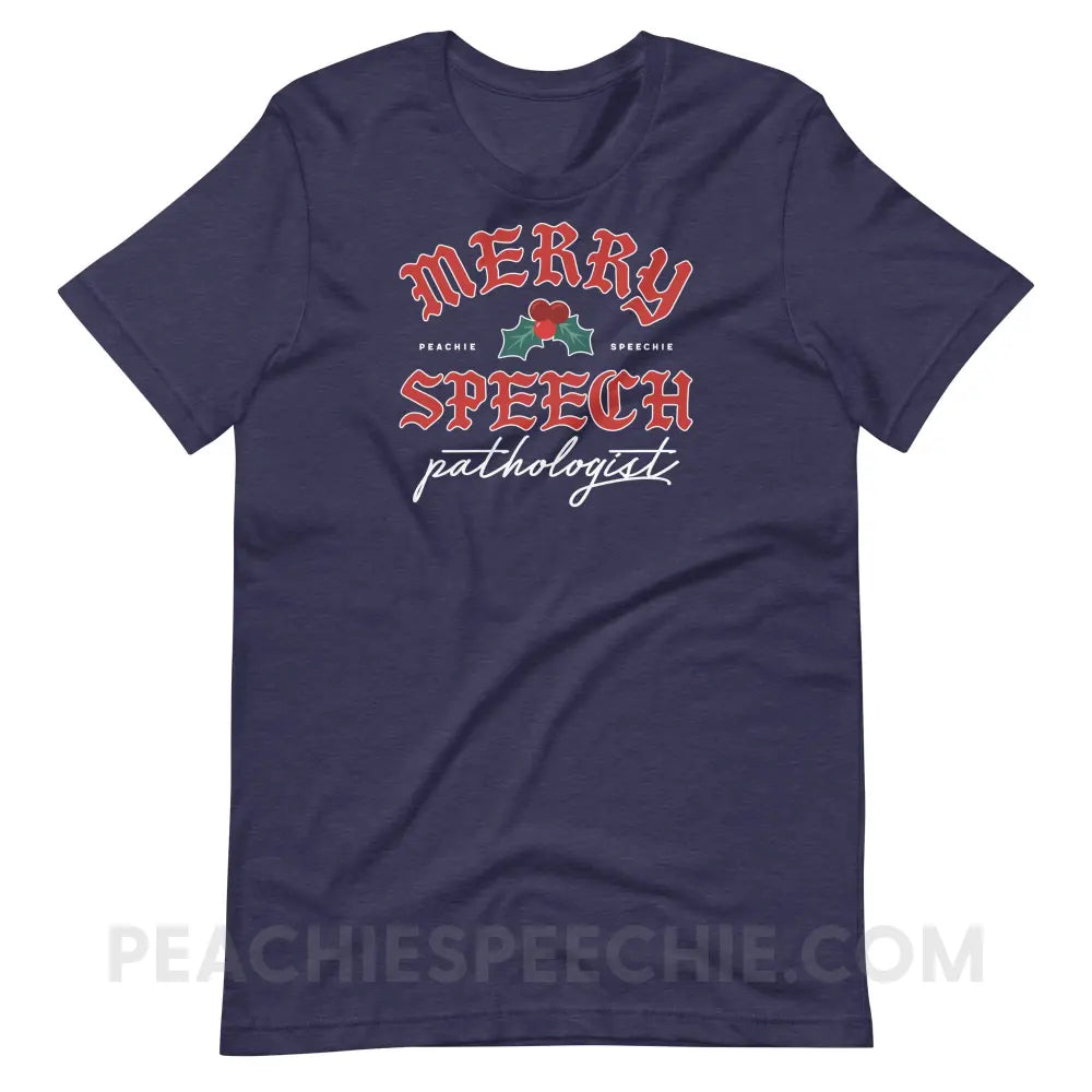 Merry Speech Pathologist Premium Soft Tee - Heather Midnight Navy / S - peachiespeechie.com