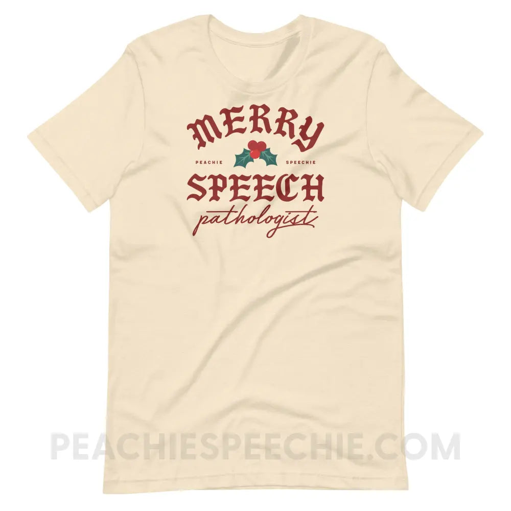 Merry Speech Pathologist Premium Soft Tee - Heather Natural / S - peachiespeechie.com