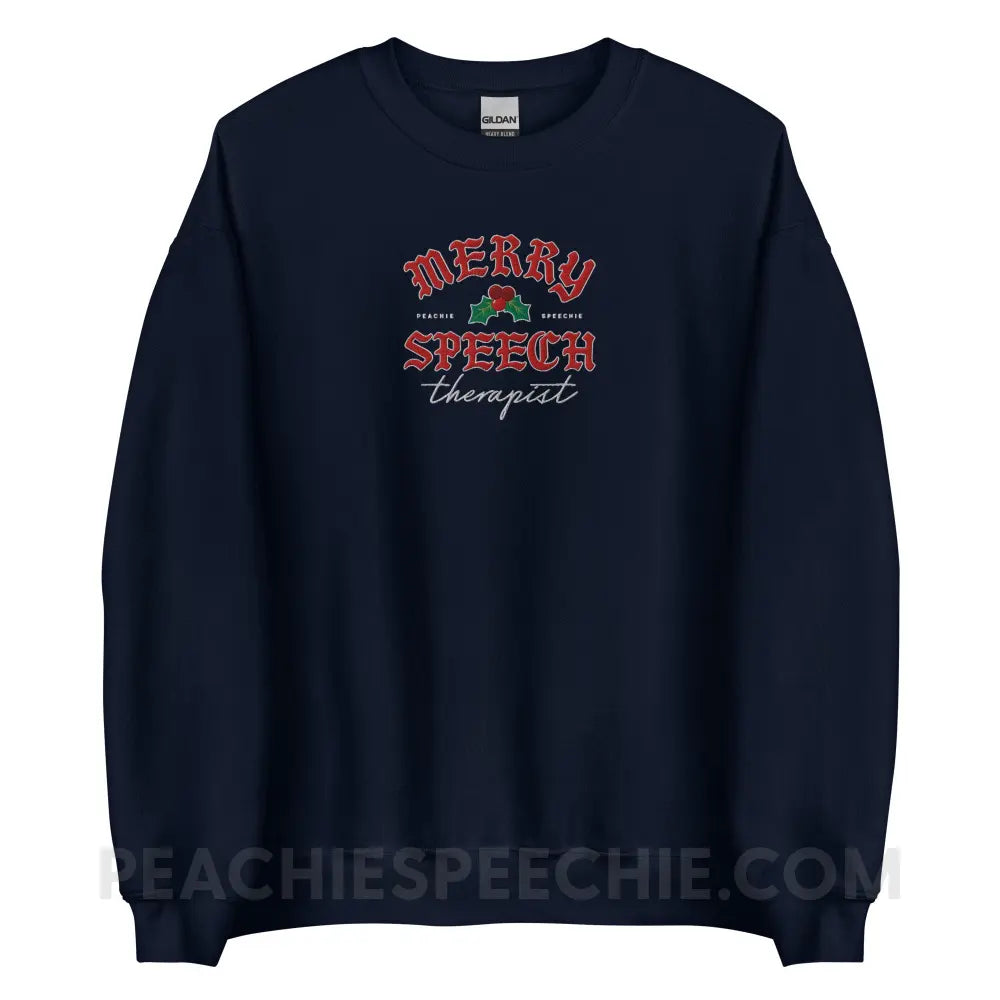 Merry Speech Therapist Embroidered Classic Sweatshirt - Navy / S - peachiespeechie.com