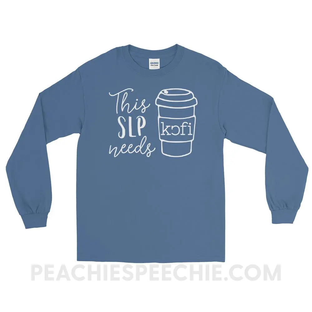 SLP Needs Coffee Long Sleeve Tee - Indigo Blue / S - T-Shirts & Tops peachiespeechie.com