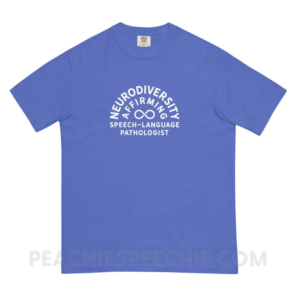 Neurodiversity Affirming SLP Comfort Colors Tee - Flo Blue / S - T-Shirt peachiespeechie.com