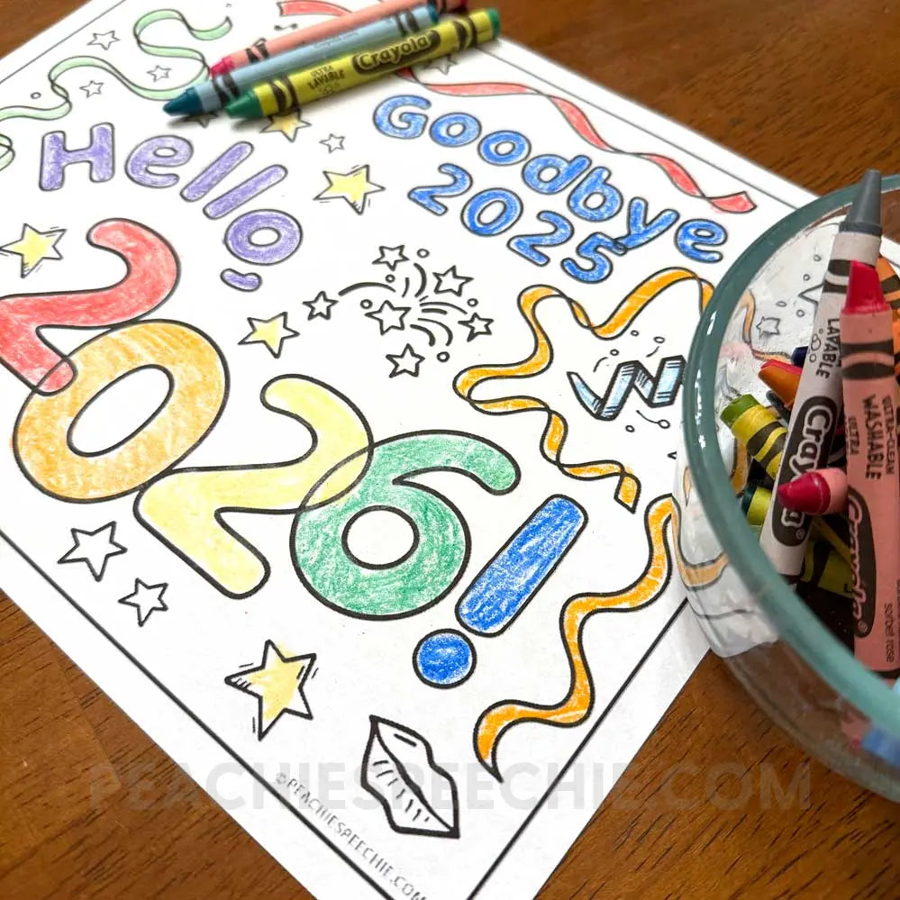 New Year 2026 Coloring Sheet - Materials peachiespeechie.com