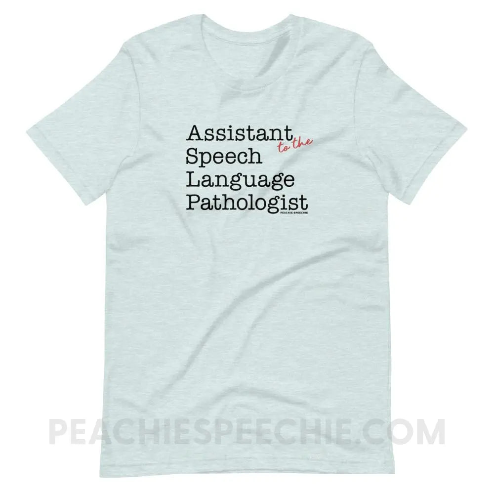 The Office Assistant (to the) Speech Language Pathologist Premium Soft Tee - Heather Prism Ice Blue / XS - peachiespeechie.com