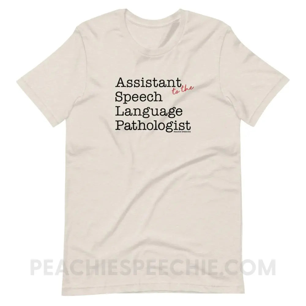 The Office Assistant (to the) Speech Language Pathologist Premium Soft Tee - Heather Dust / S - peachiespeechie.com