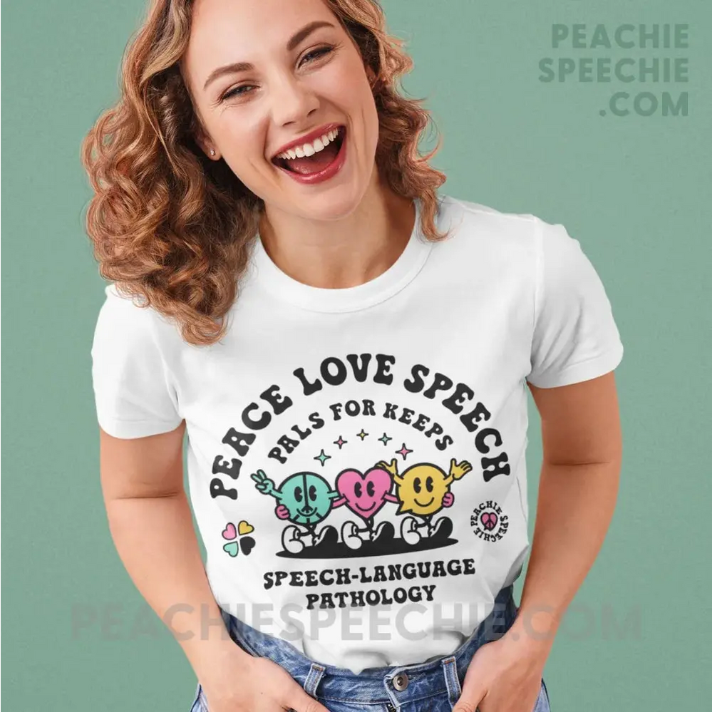 Peace Love Speech Retro Characters Basic Tee - White / S - T-Shirt peachiespeechie.com