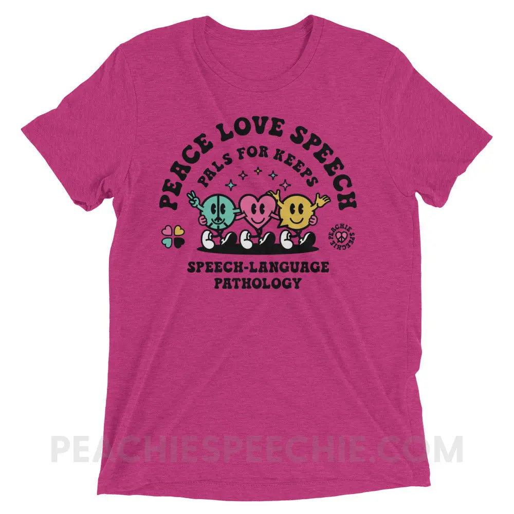 Peace Love Speech Retro Characters Tri-Blend Tee - Berry Triblend / XS - peachiespeechie.com
