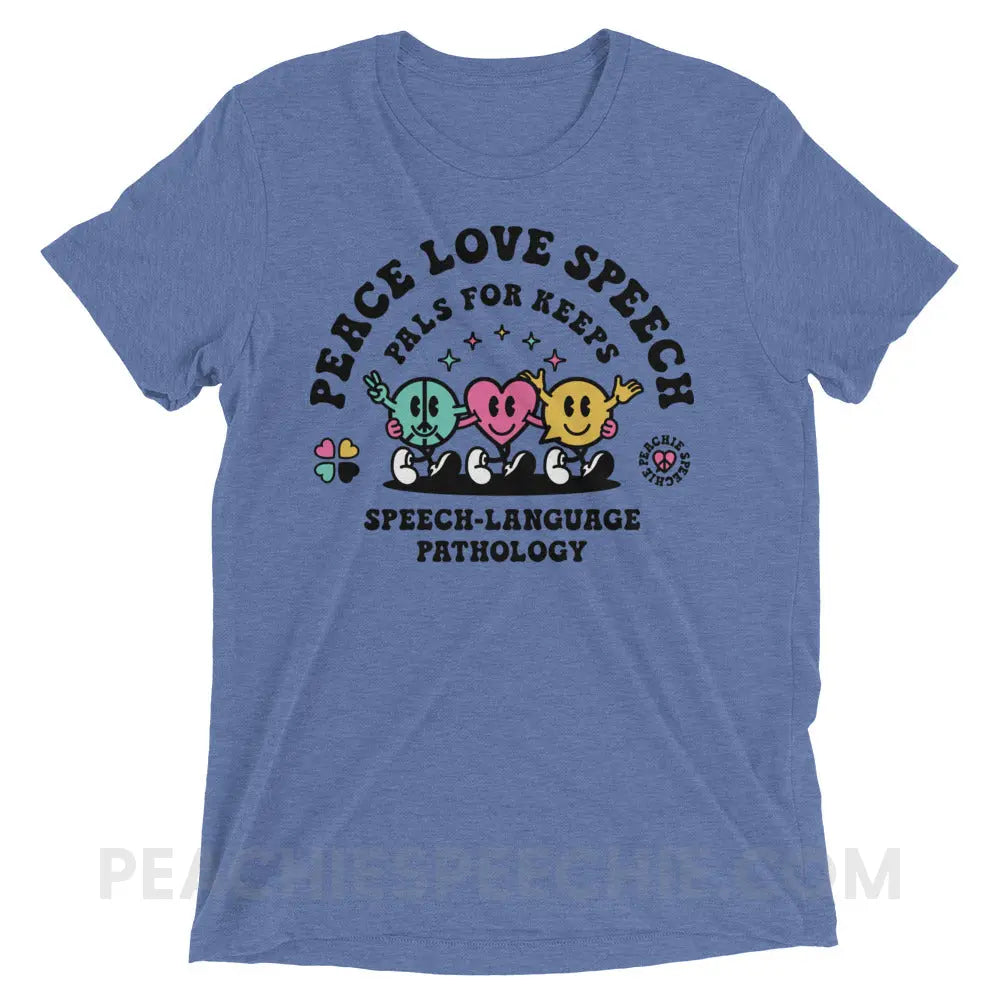 Peace Love Speech Retro Characters Tri-Blend Tee - Blue Triblend / XS - peachiespeechie.com