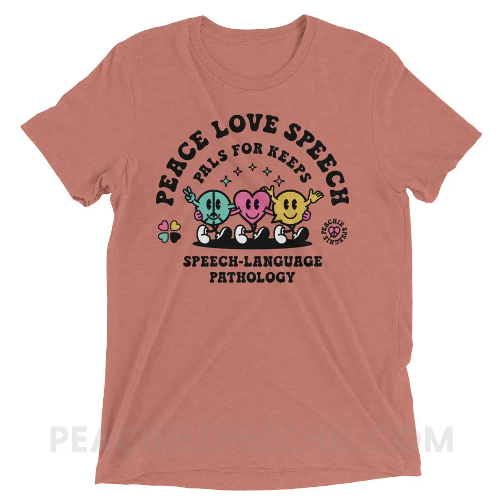 Peace Love Speech Retro Characters Tri-Blend Tee - Mauve Triblend / XS - peachiespeechie.com