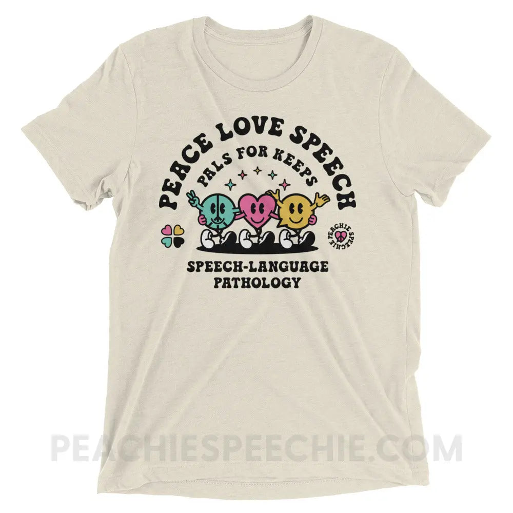 Peace Love Speech Retro Characters Tri-Blend Tee - Oatmeal Triblend / S - peachiespeechie.com