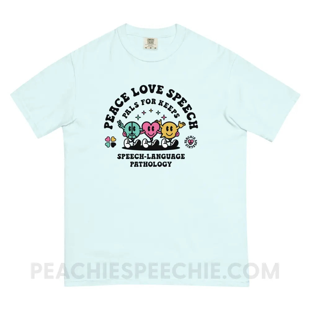 Peace Love Speech Retro Characters Comfort Colors Tee - Chambray / S - T-Shirt peachiespeechie.com