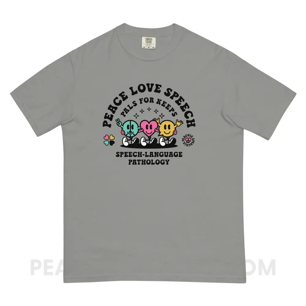 Peace Love Speech Retro Characters Comfort Colors Tee - Grey / S - T-Shirt peachiespeechie.com