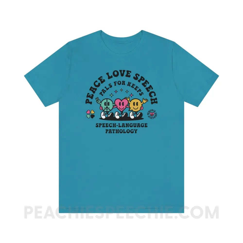Peace Love Speech Retro Characters Premium Soft Tee - Aqua / S - T-Shirt peachiespeechie.com