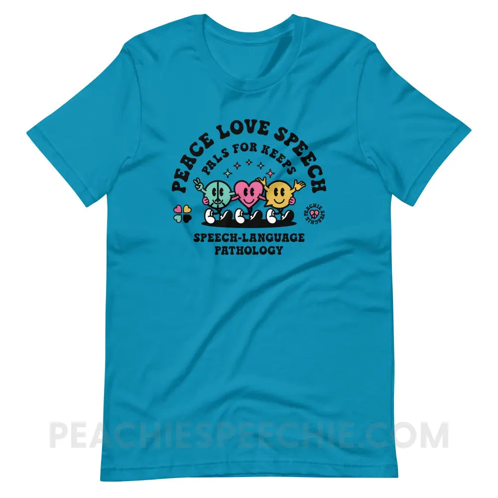 Peace Love Speech Retro Characters Premium Soft Tee - Aqua / S - T-Shirt peachiespeechie.com