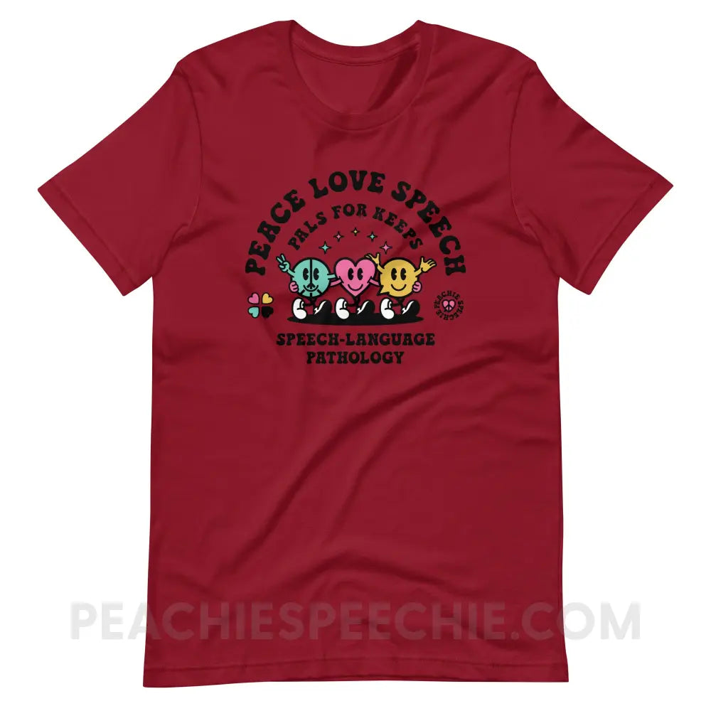 Peace Love Speech Retro Characters Premium Soft Tee - Cardinal / S - T-Shirt peachiespeechie.com