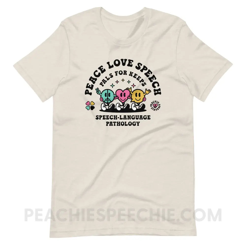 Peace Love Speech Retro Characters Premium Soft Tee - Heather Dust / S - T-Shirt peachiespeechie.com