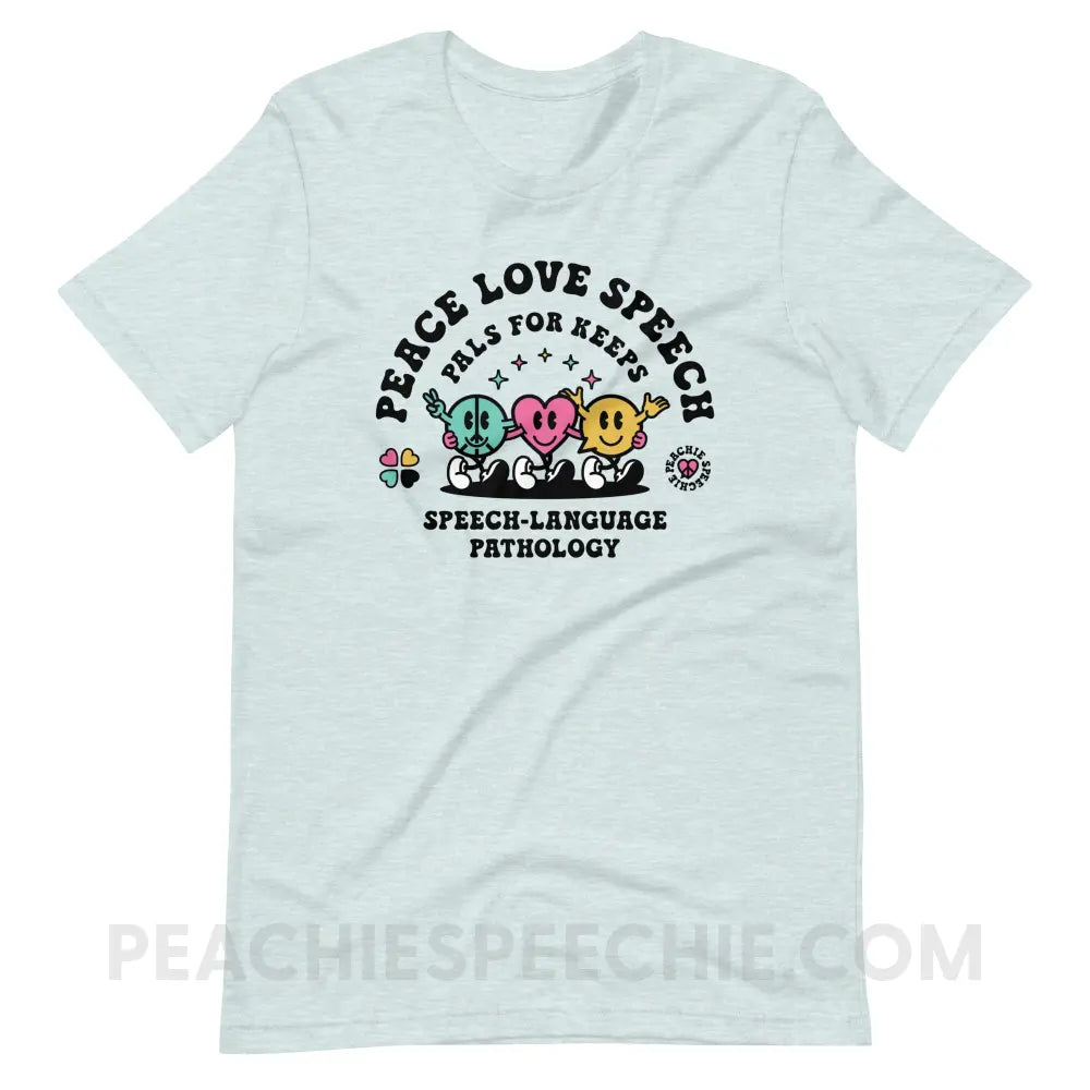 Peace Love Speech Retro Characters Premium Soft Tee - Heather Prism Ice Blue / S - T-Shirt peachiespeechie.com