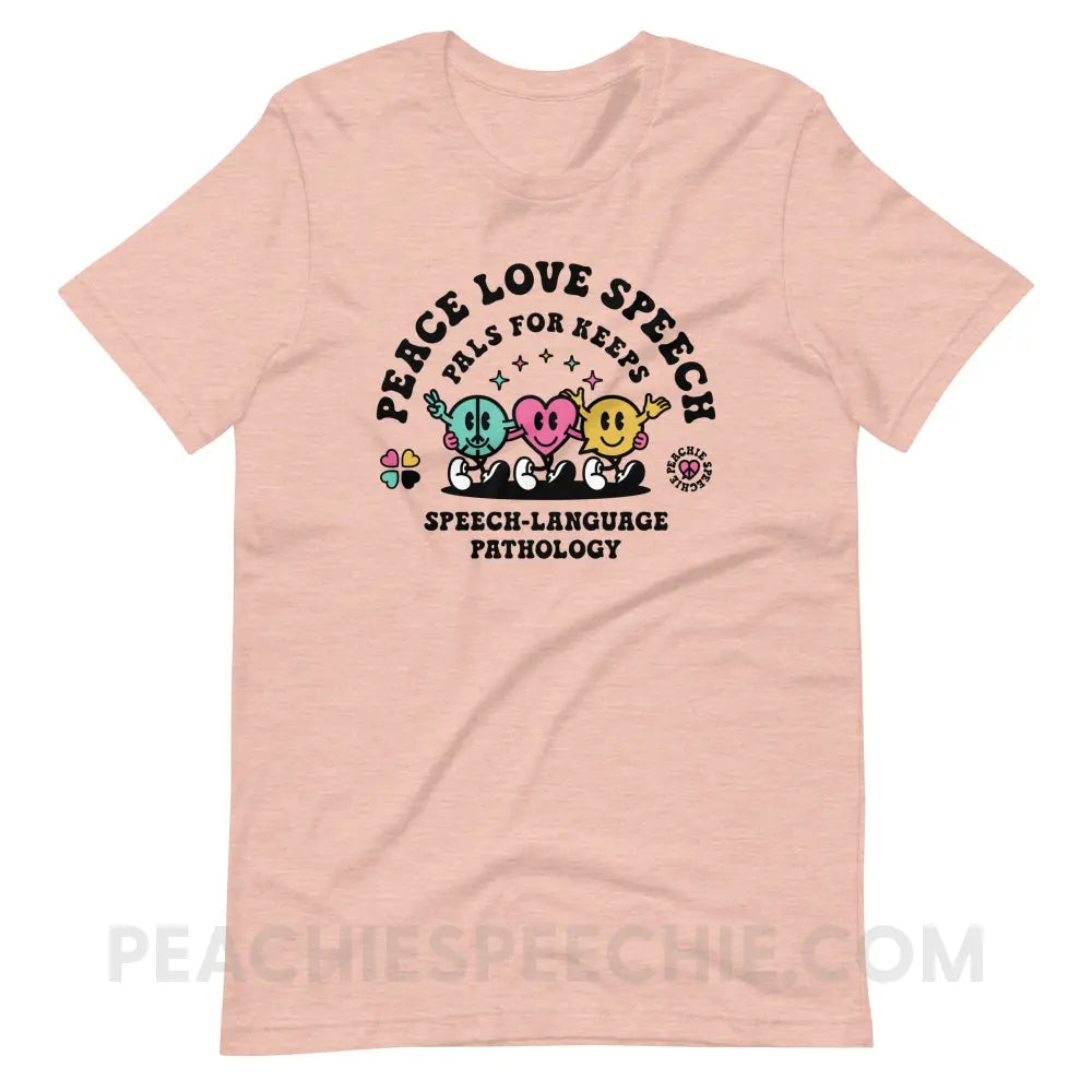 Peace Love Speech Retro Characters Premium Soft Tee - Heather Prism Peach / S - T-Shirt peachiespeechie.com